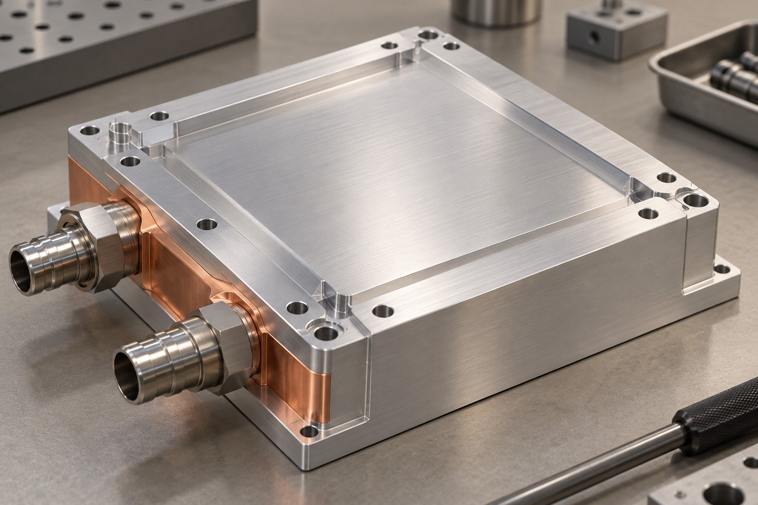 Illustrative solid module contact skin on a fiber laser cooling plate concept, not documentary company or customer photography
