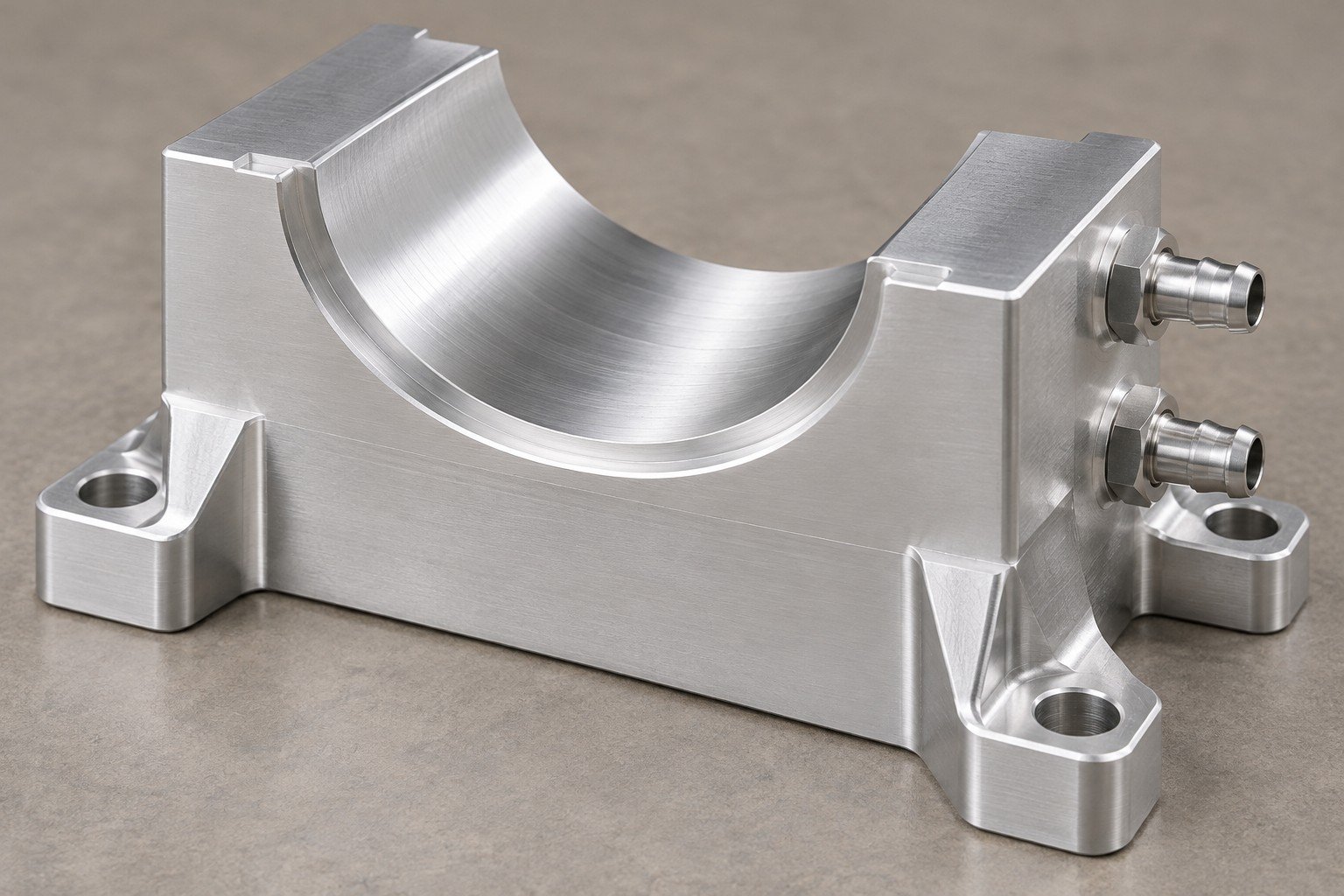 Illustrative page-specific stepped aluminum laser cooling block with saddle contact, mounting ears and side ports; not a documentary customer part, laser or chiller