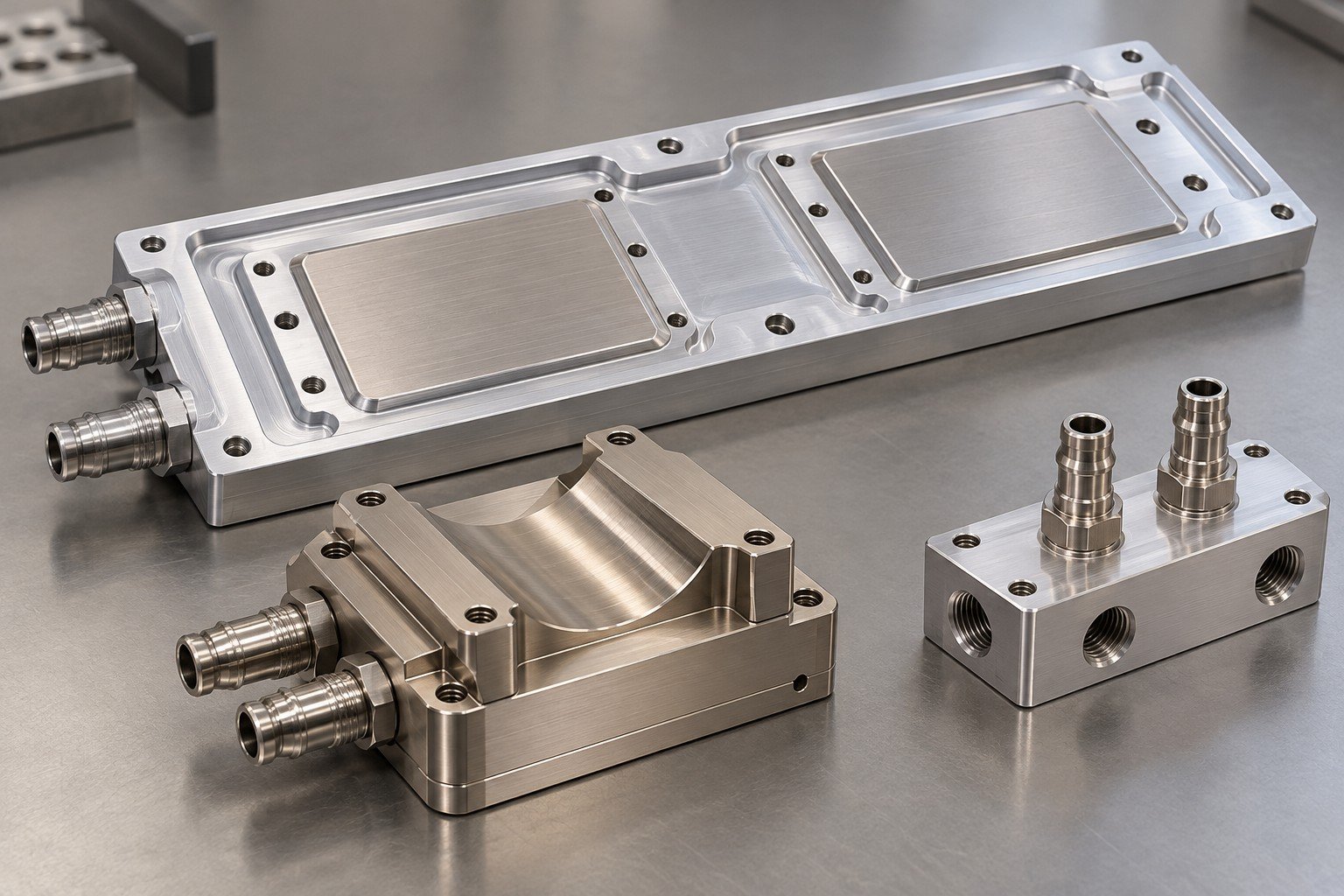 Illustrative separate fiber-laser cooling plate, saddle block and small distribution manifold concept; not documentary customer photography