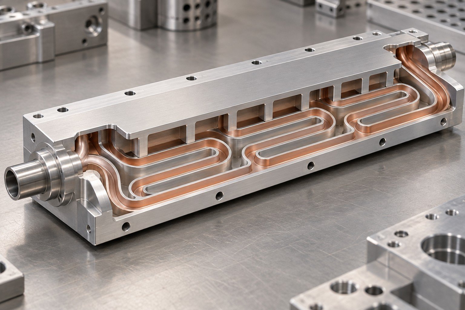 Illustrative sectioned fiber laser cooling plate passage and solid contact skin concept, not documentary company or customer photography