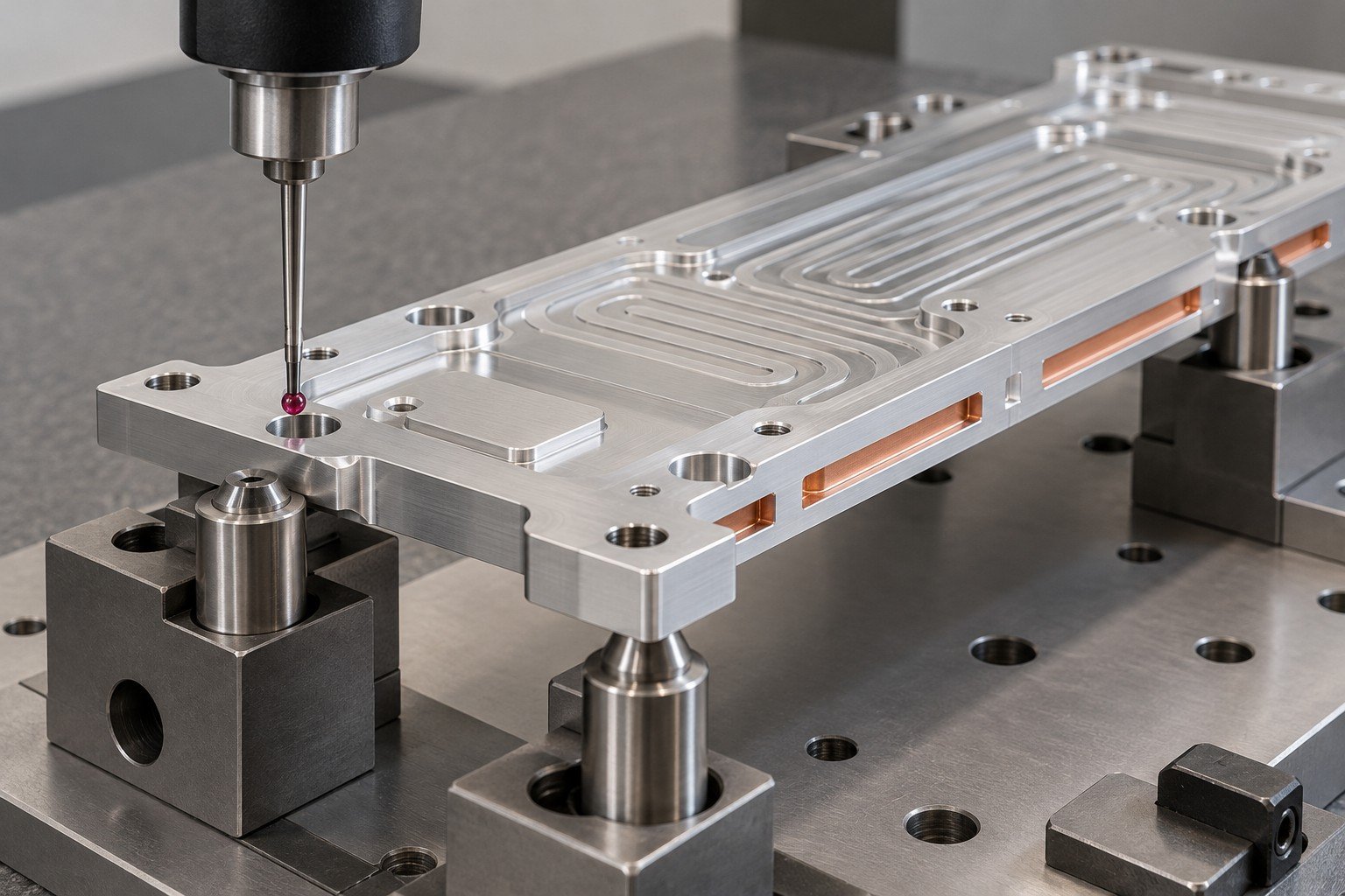Illustrative dimensional inspection of laser cooling block alignment datum concept; not documentary customer photography