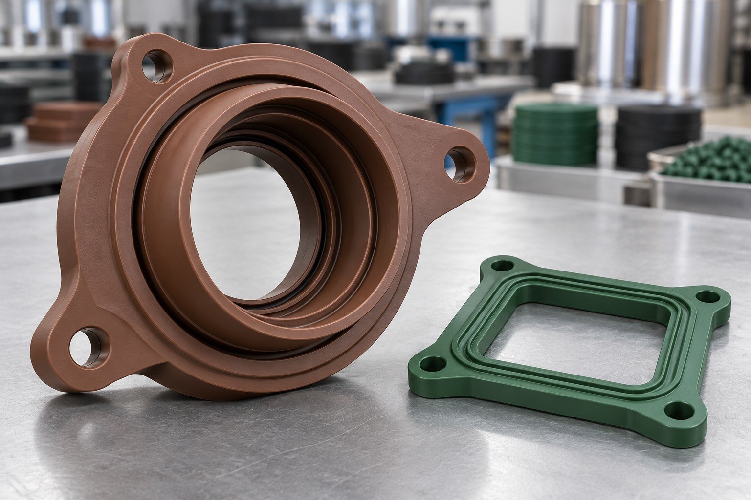 Illustrative brown flanged lip seal and green sealing frame concepts; not compound identification