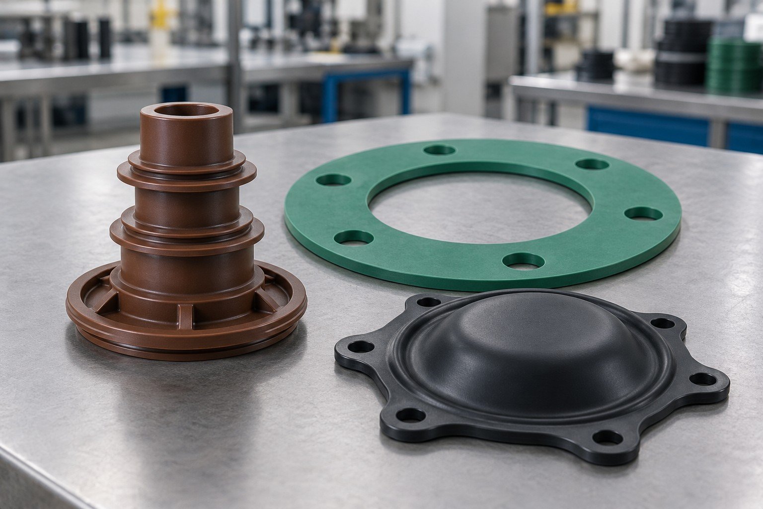 Brown valve seal, green flange gasket and black diaphragm concepts — illustrative generated concept