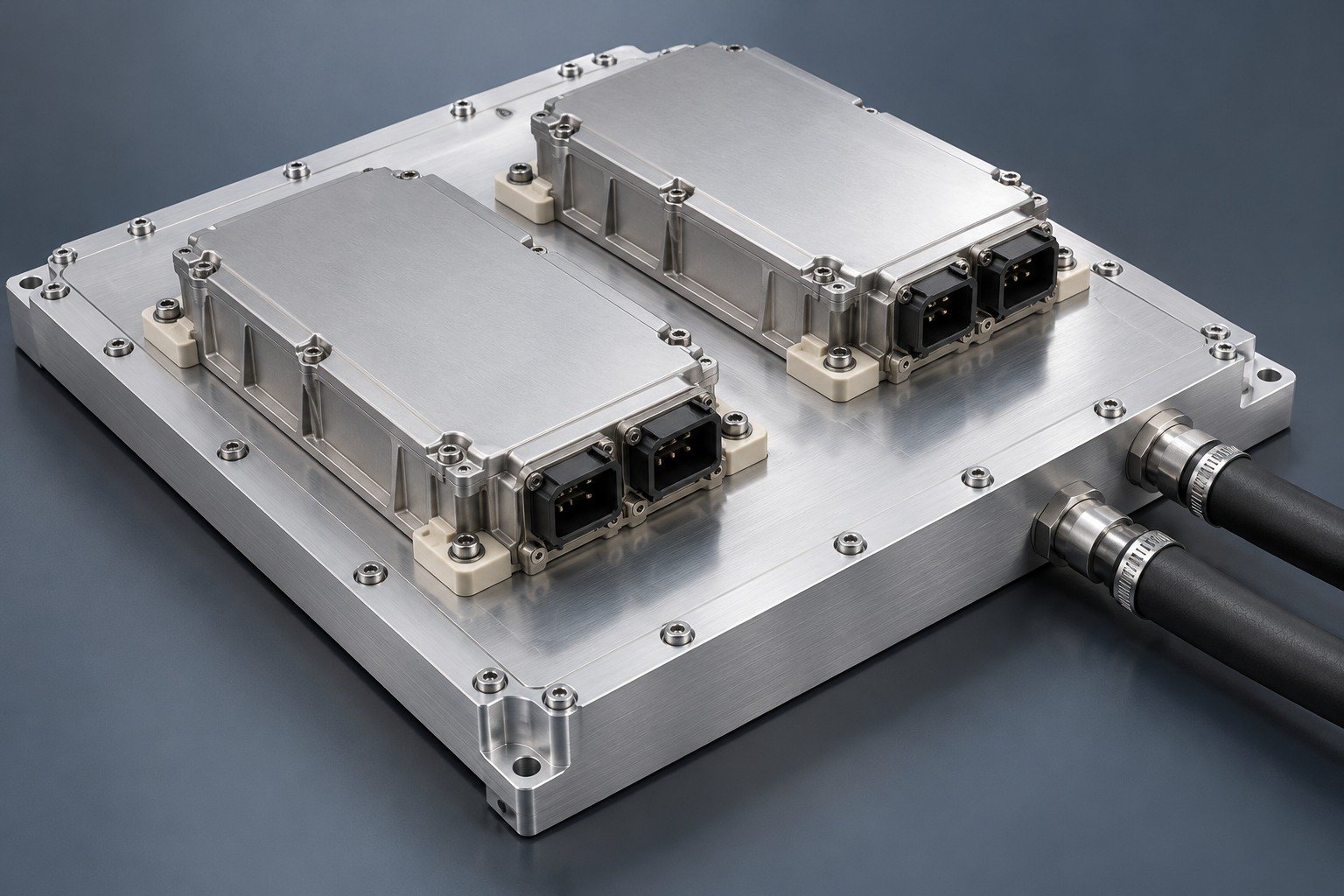 Illustrative FSW cold plate in a power electronics assembly concept, not documentary company or customer photography