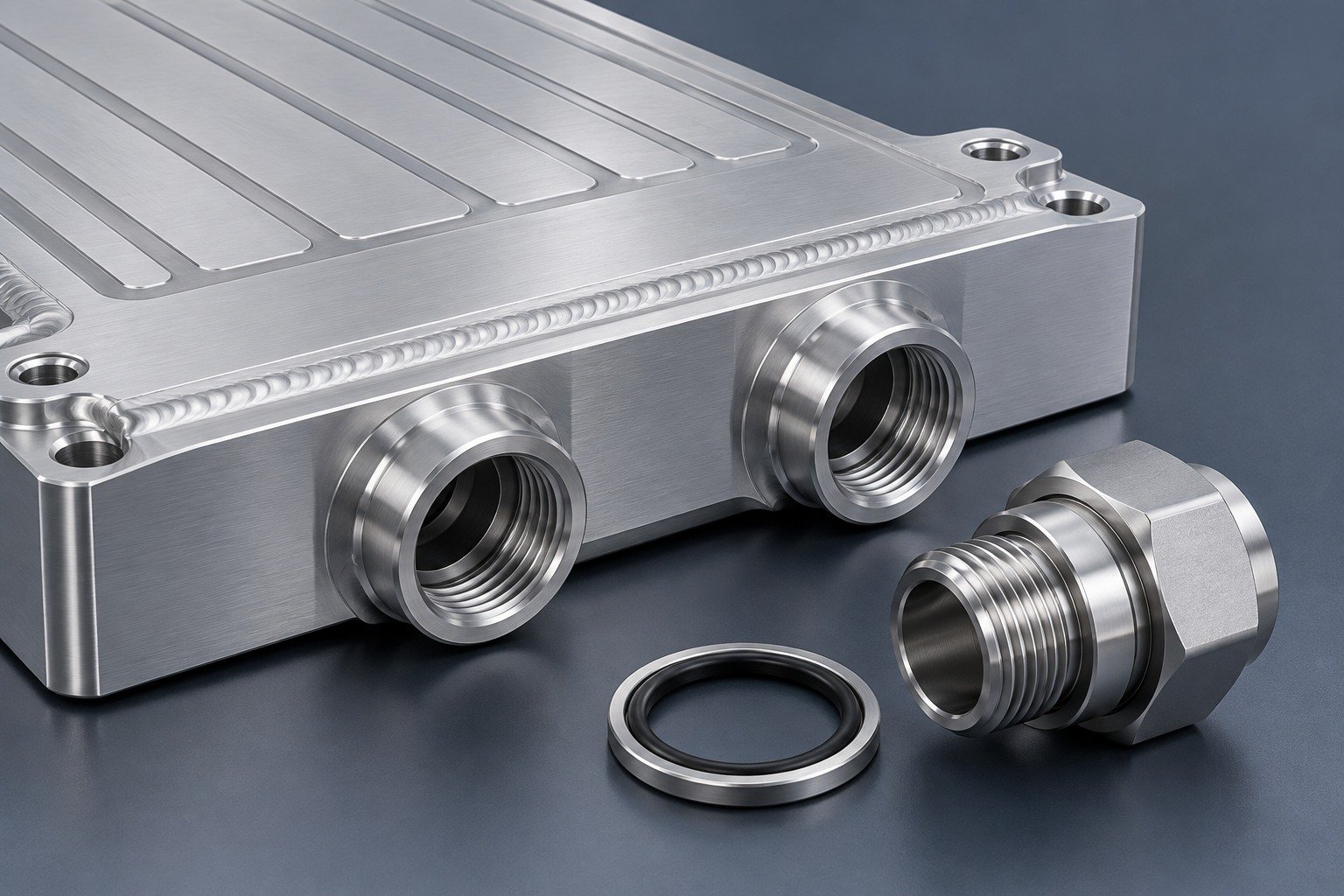 Illustrative ports and sealing faces on an FSW cold plate concept, not documentary company or customer photography