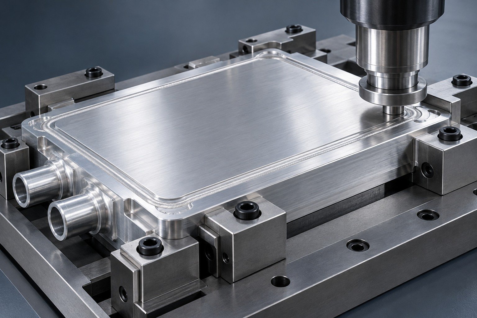 Illustrative tool access review for an FSW cold plate concept, not documentary company or customer photography