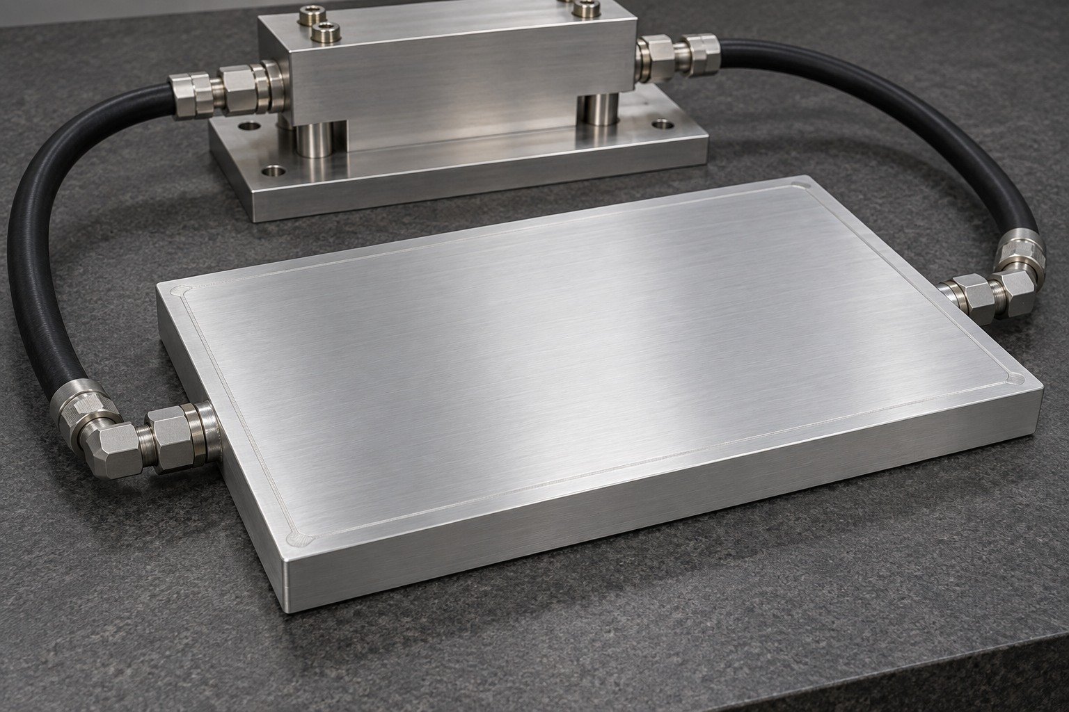 Illustrative leak and pressure review for an FSW cold plate concept, not documentary company or customer photography