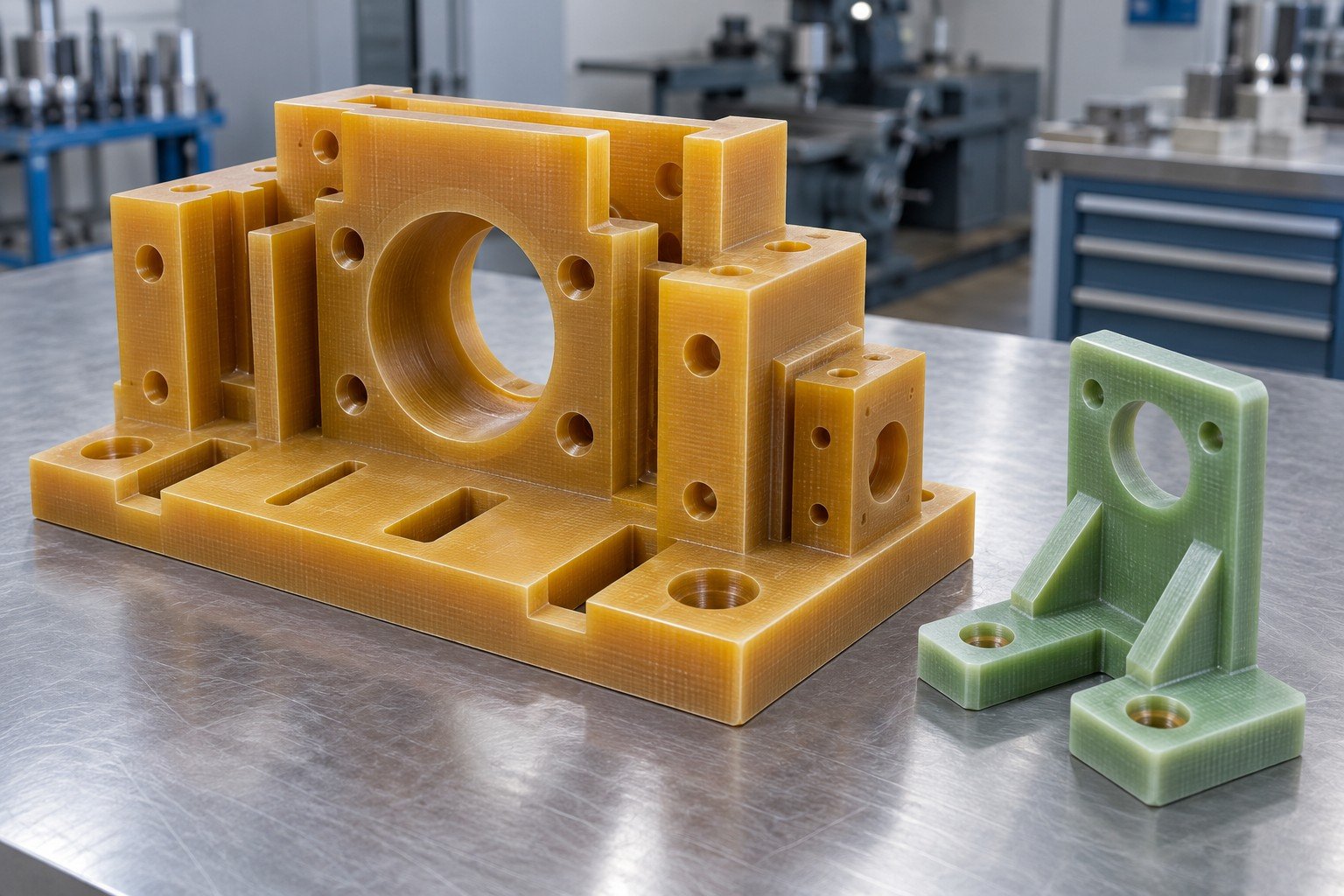 Illustrative amber glass-epoxy fixture block and green laminate bracket concepts; not certified material identification