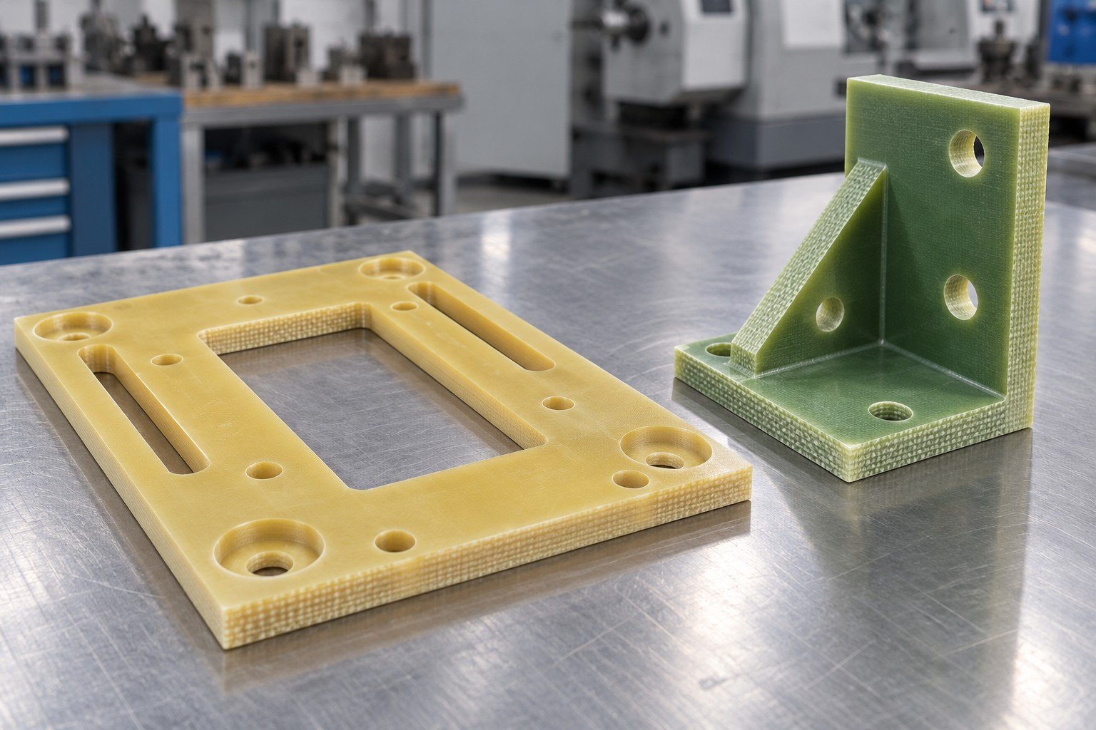 Amber insulating panel and green glass-epoxy machined bracket concepts — illustrative generated concept