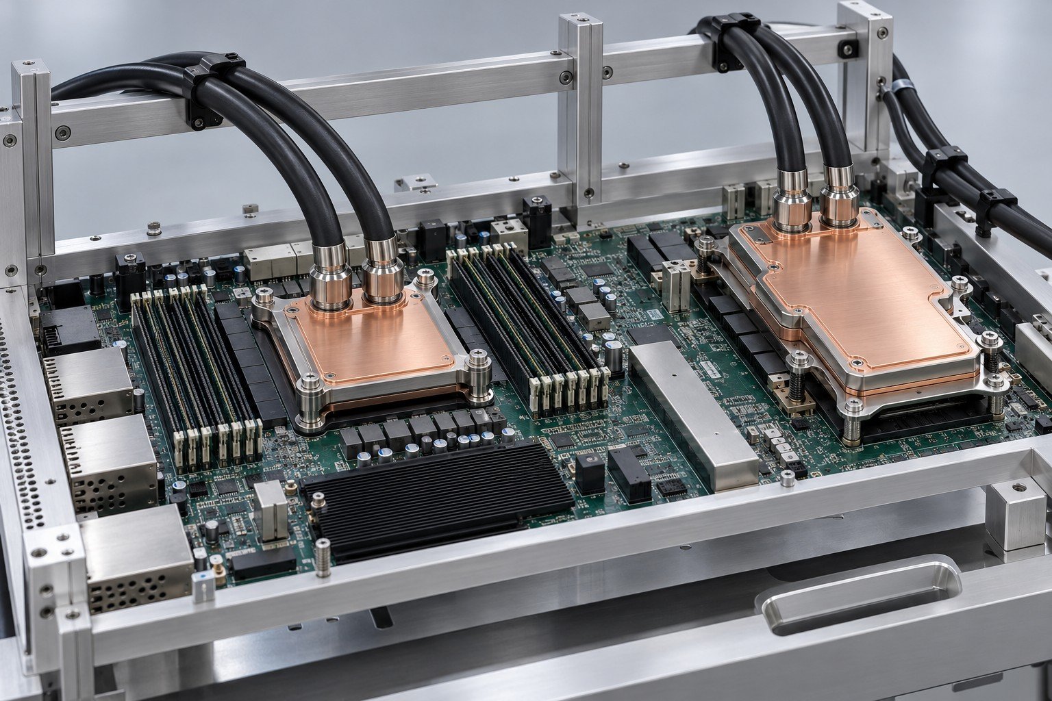 Illustrative processor cold plates installed in an unbranded checking fixture concept, not documentary company or customer photography