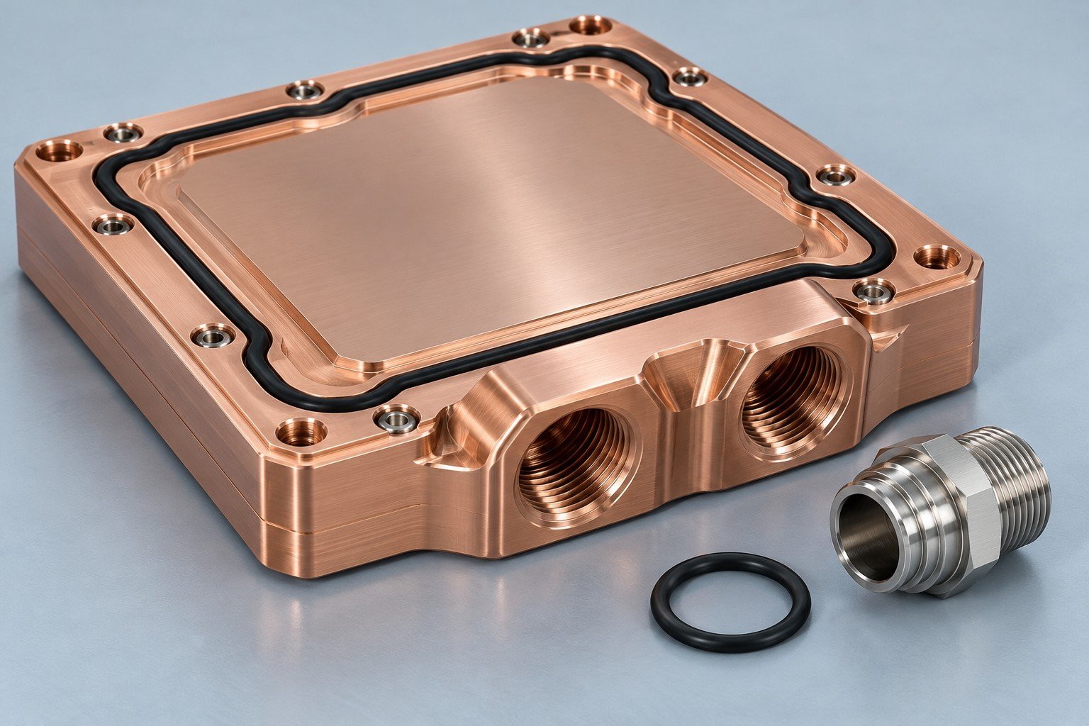 Illustrative ports and sealing faces on a processor cooling component concept, not documentary company or customer photography