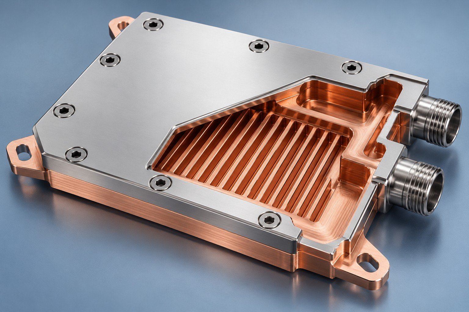 Illustrative processor cold-plate contact pad and mounting interfaces concept, not documentary company or customer photography