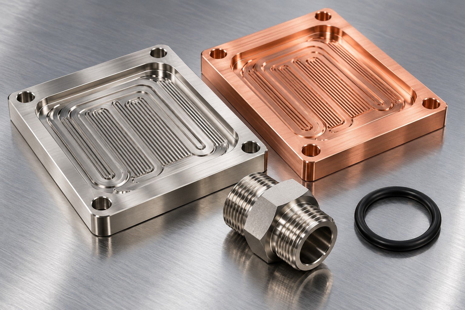 Illustrative plating and coolant review for processor cooling components concept, not documentary company or customer photography