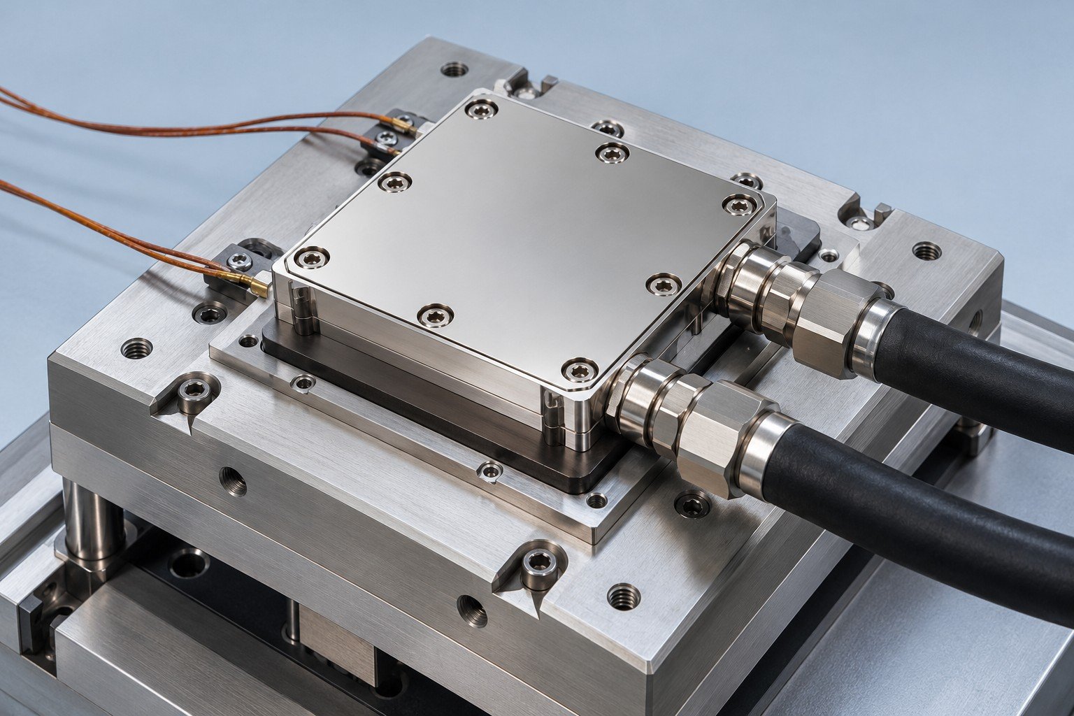 Illustrative leak and cleanliness review for processor cooling components concept, not documentary company or customer photography