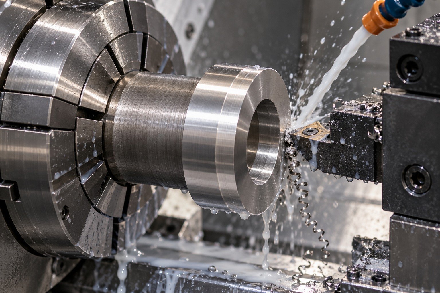 Distinct titanium broad collar blank in collet lathe,carbide tool cuts its accessible outside diameter,localized milky cutting fluid and wet chips. — illustrative generated component concept