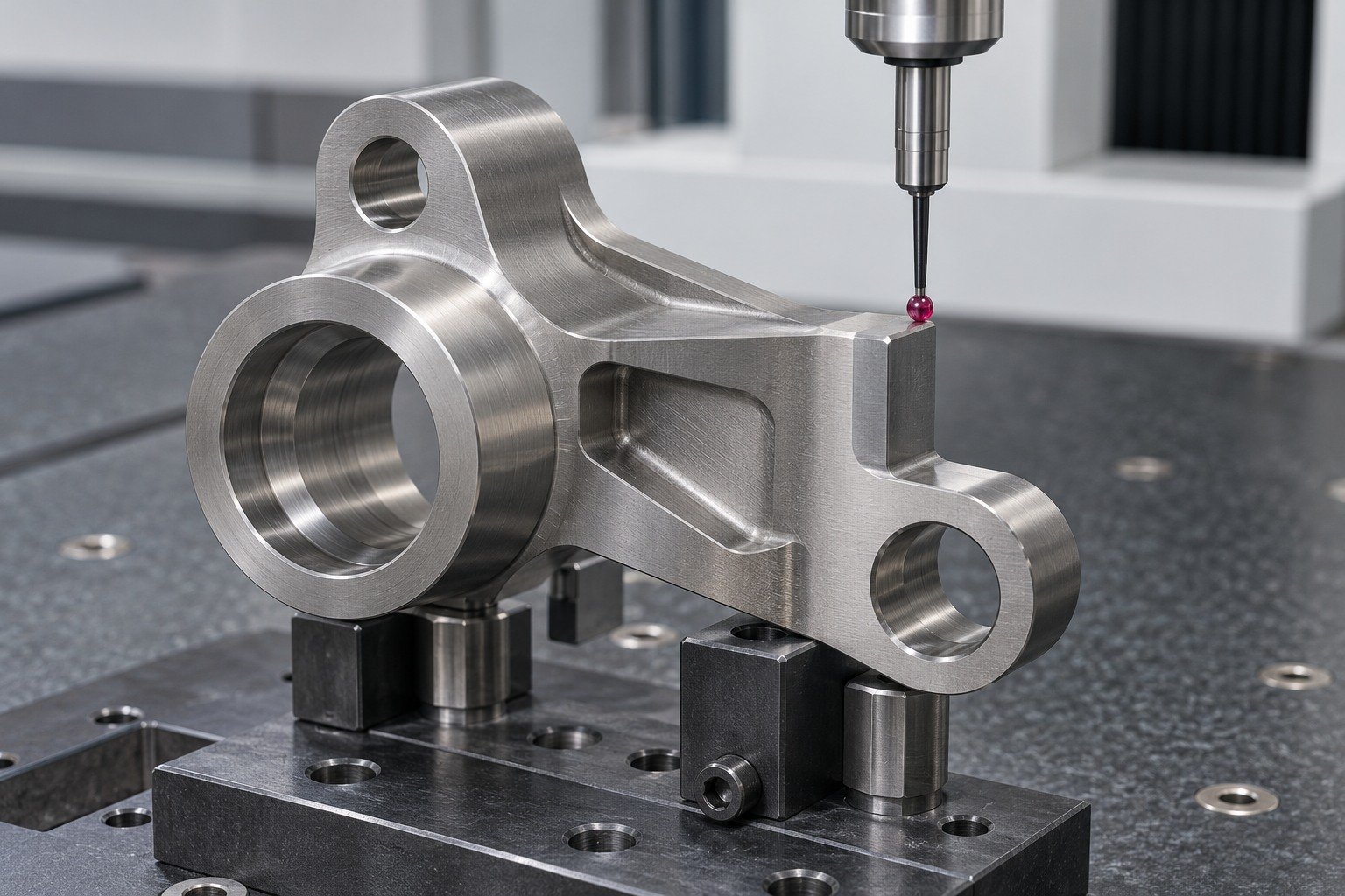Asymmetric titanium connector held on stable CMM fixture;ruby probe physically touches an external broad datum flat,clear shaft and head. — illustrative generated component concept