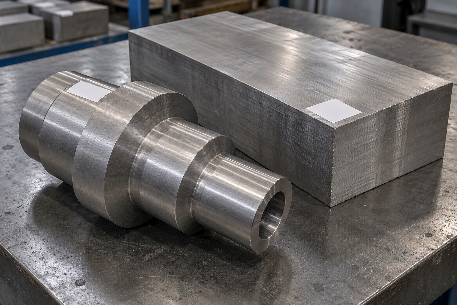 Titanium stepped connector blank and broad rectangular billet with blank inventory labels and retained machining stock,no readable words. — illustrative generated component concept