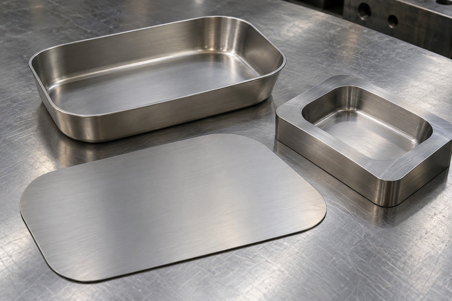 Shallow titanium pan beside its broad rounded rectangular flat blank and removable matched support block,no hands. — illustrative generated component concept