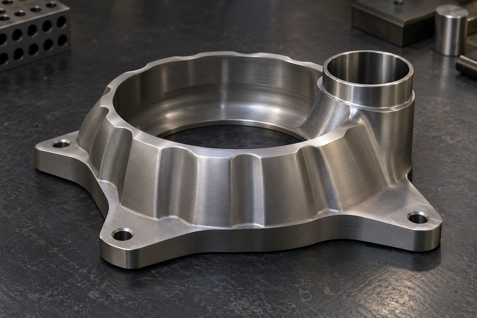 Illustrative Grade 1 titanium shallow shroud with mounting feet and offset neck concept