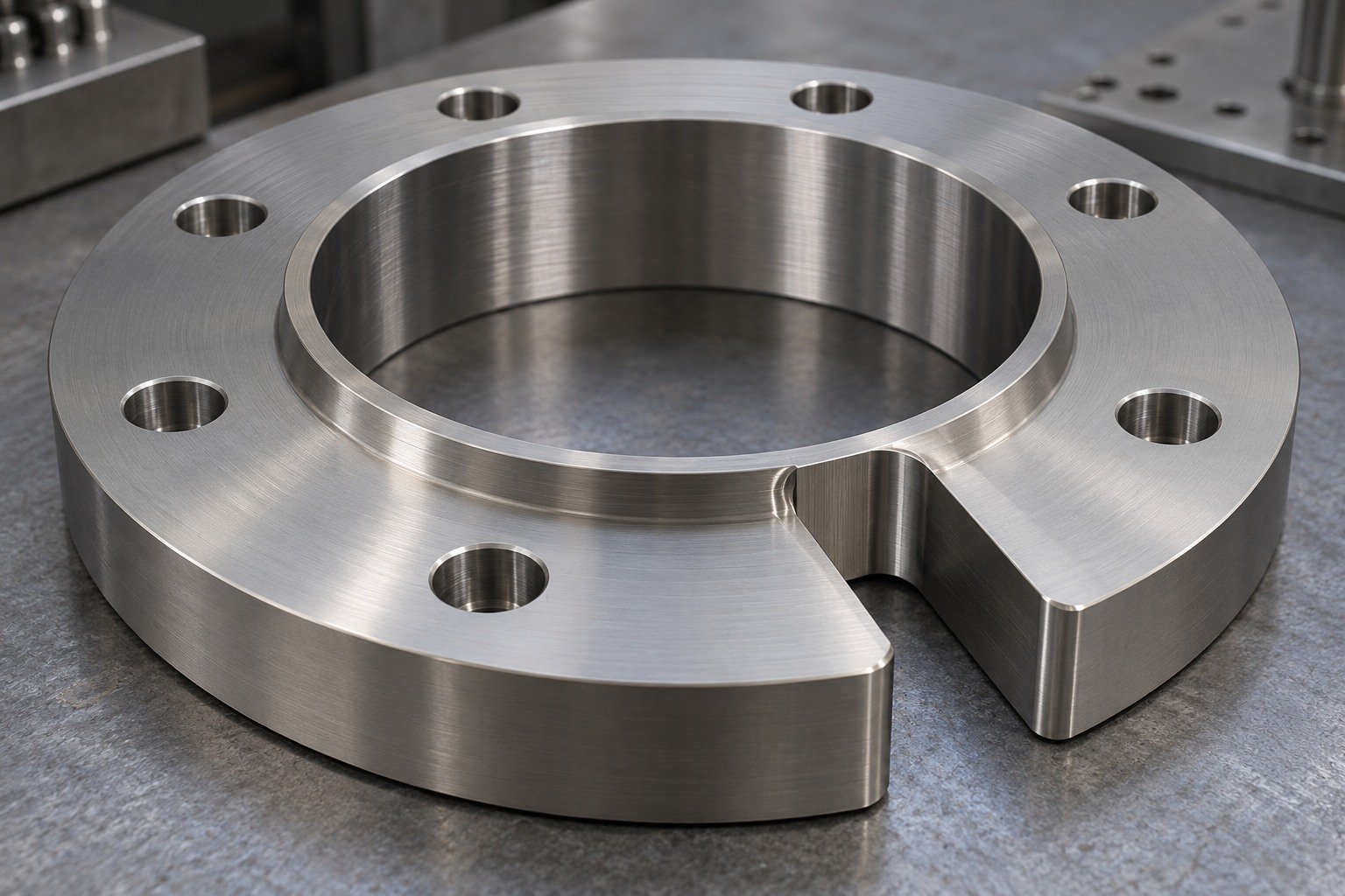 Macro of broad titanium flange with one precisely machined open slot,smooth internal corner radius and restrained tiny edge break,clean realistic tool marks. — illustrative generated component concept