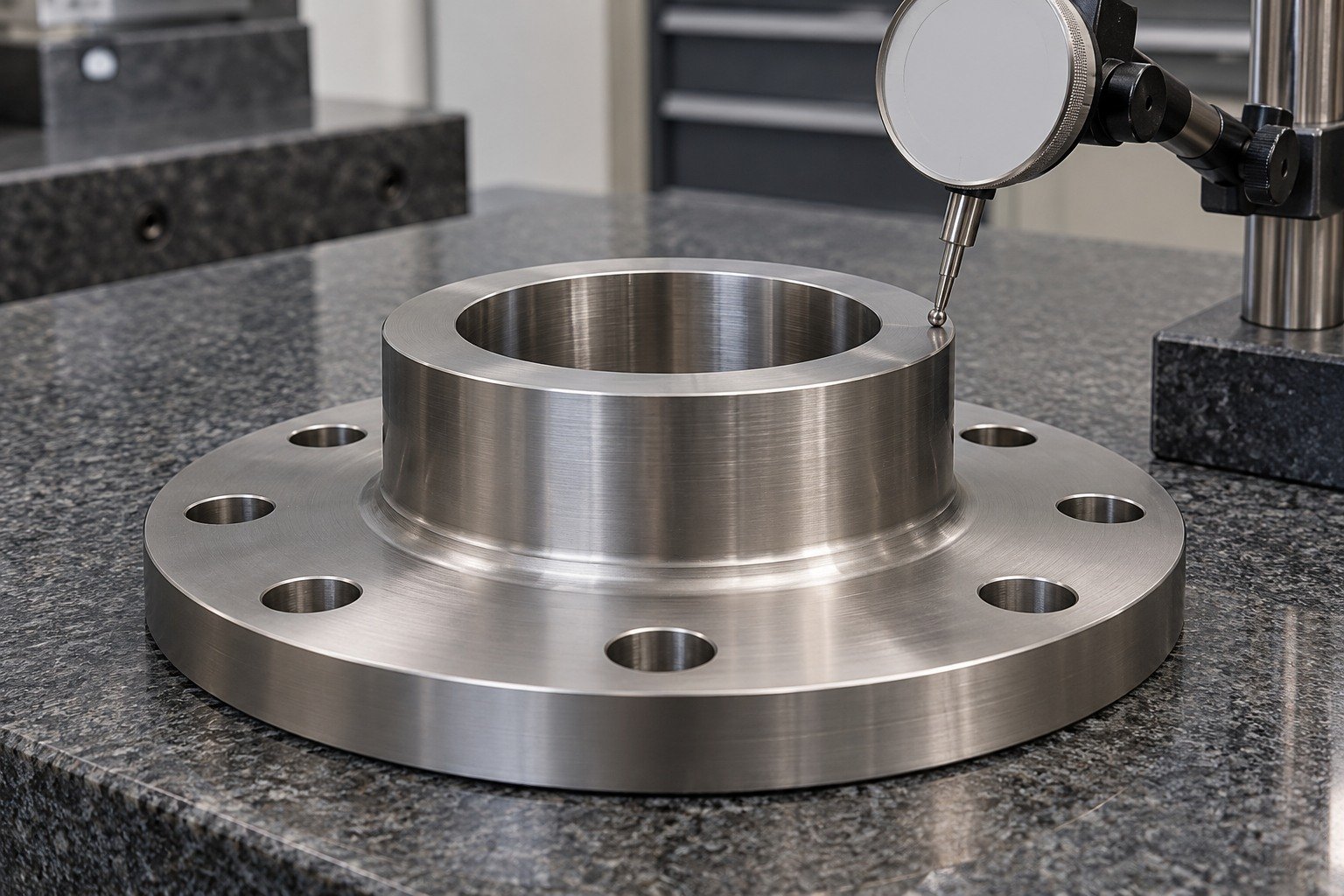 Titanium broad mounting flange on granite with dial-test indicator stylus physically touching accessible upper reference plane,no numbers or hands. — illustrative generated component concept
