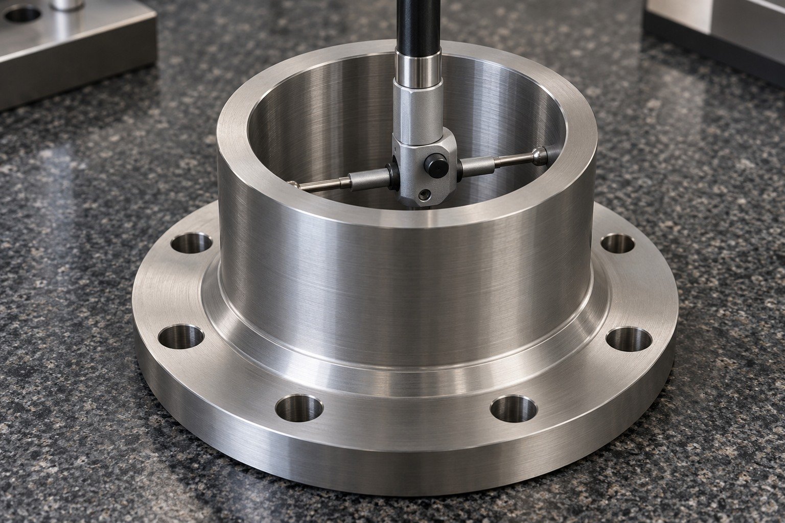 Distinct broad titanium flanged sleeve on granite;small bore gauge tips clearly contact bore wall,no readable numbers. — illustrative generated component concept