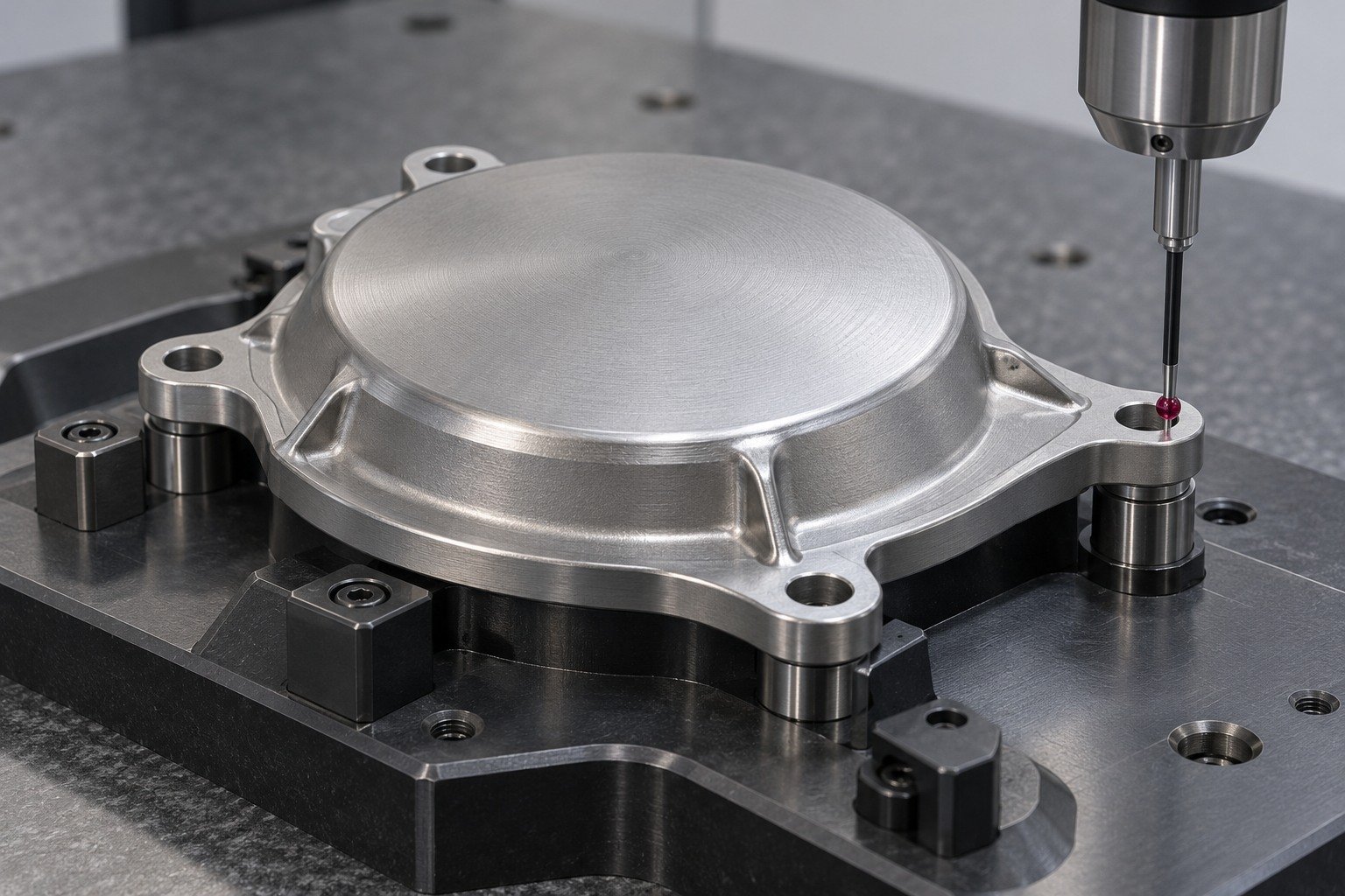 Shallow titanium cover on stable contoured fixture;short CMM ruby stylus touches wide accessible mounting ear,no probe floating. — illustrative generated component concept