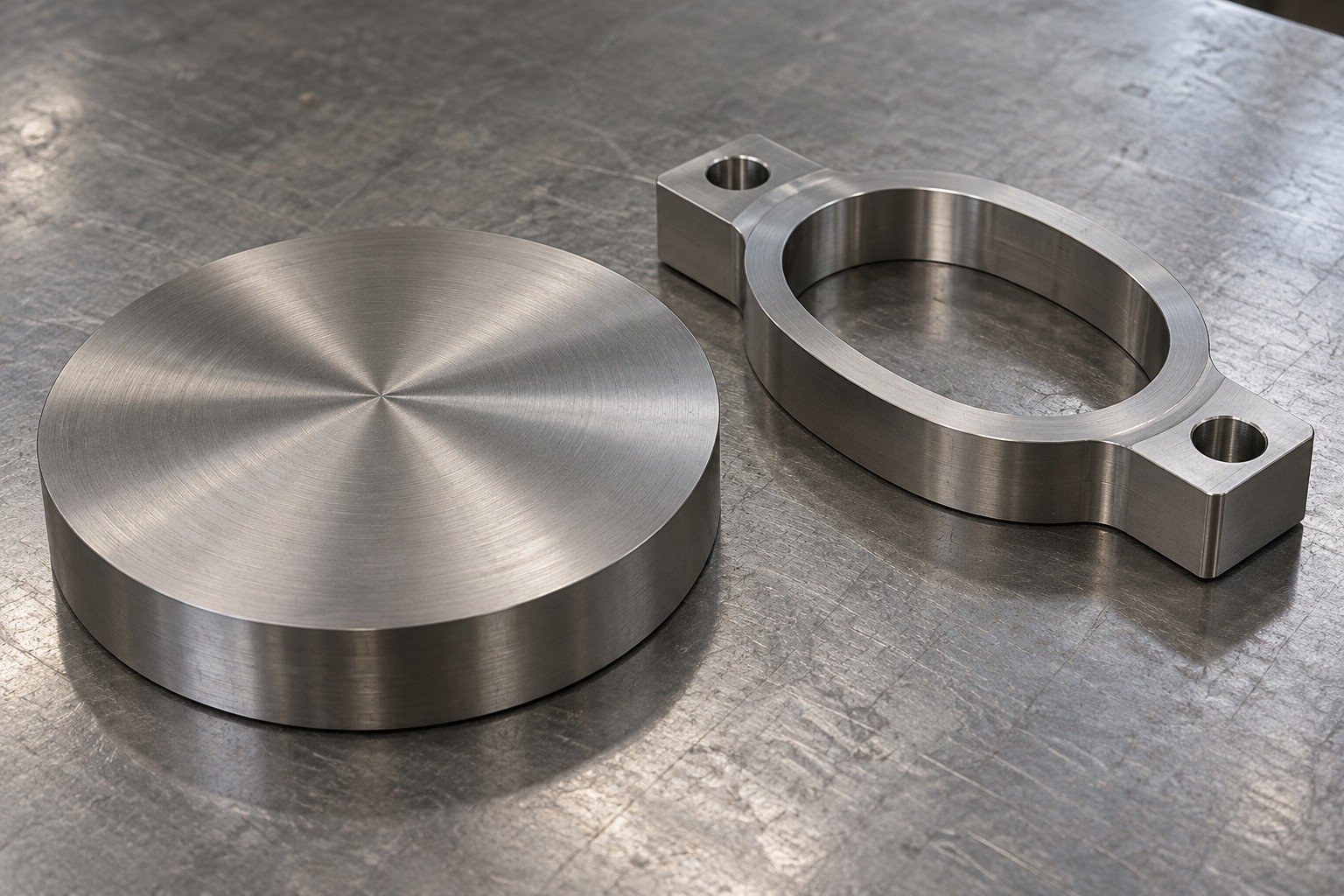 Broad titanium disk cutoff beside oval flange blank retaining thick rectangular mounting ears,no paper numbers. — illustrative generated component concept