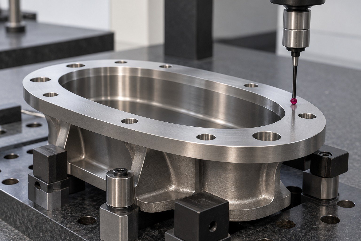 Oval titanium flange on metrology fixture;ruby CMM stylus physically touches accessible broad upper sealing face,head clear of component. — illustrative generated component concept