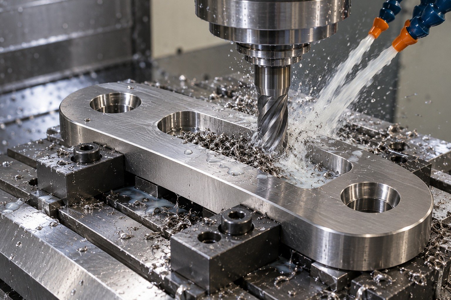 Distinct obround titanium mounting plate secured on dedicated fixture,end mill cuts wide open end relief with realistic coolant and wet chips. — illustrative generated component concept