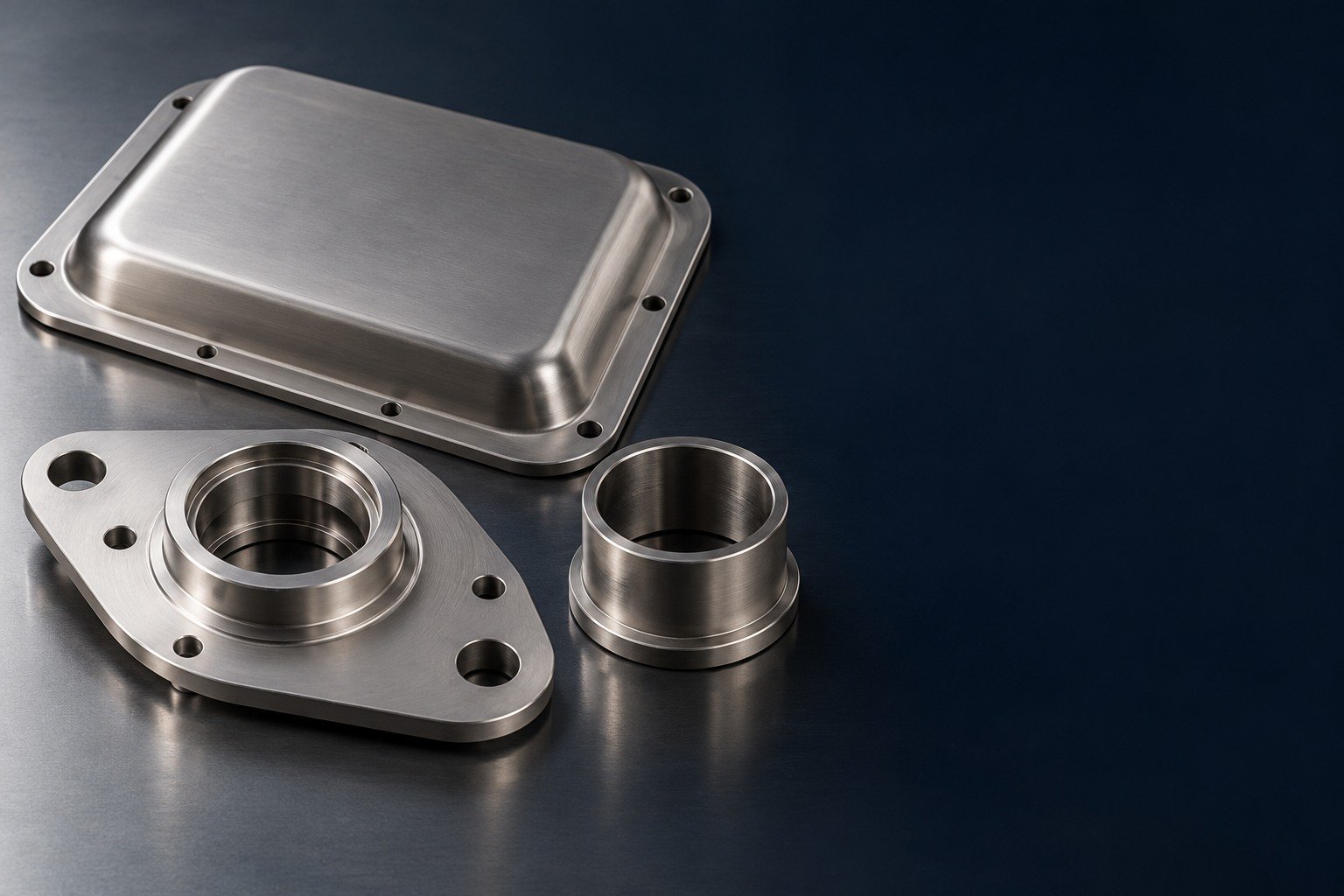 Wide catalog on LEFT half: satin grey titanium shallow rectangular formed cover with broad curved corners and flanged edge,large asymmetric obround flange with stepped central bore,and short wide sleeve — illustrative generated component concept