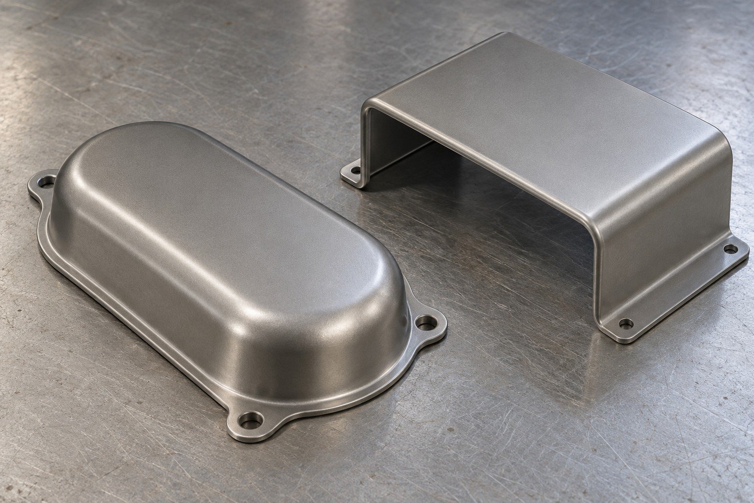 Two shallow grey titanium covers with broad bend radii: one obround pan with offset mounting ears and one rectangular open-ended shroud,plausible thin sheet. — illustrative generated component concept