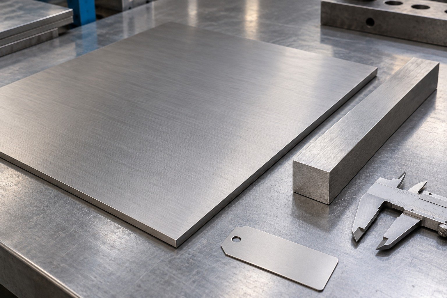 Broad titanium sheet cutoff beside short flat-ended bar stock and caliper on clean bench,blank material tag,no measurement readout. — illustrative generated component concept