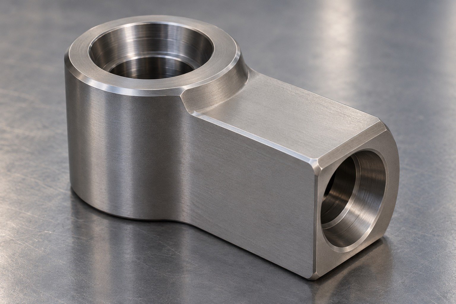 Macro of grey titanium connector with two accessible stepped intersecting holes,wide datum flat and clean controlled small edge breaks. — illustrative generated component concept
