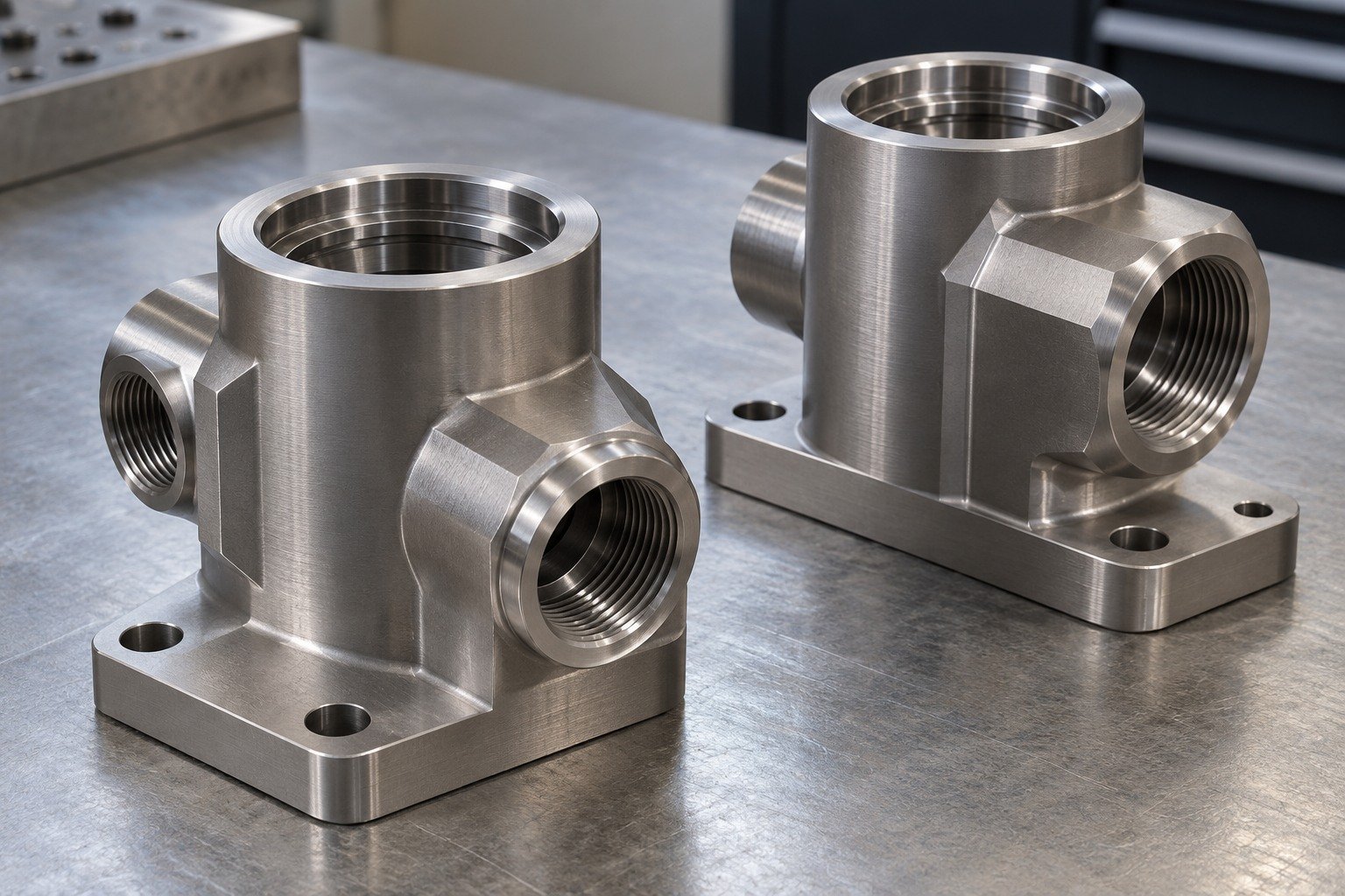 Two grey titanium fluid connector bodies with unequal broad mounting flats and accessible stepped cross bores,no valve rating or certification. — illustrative generated component concept