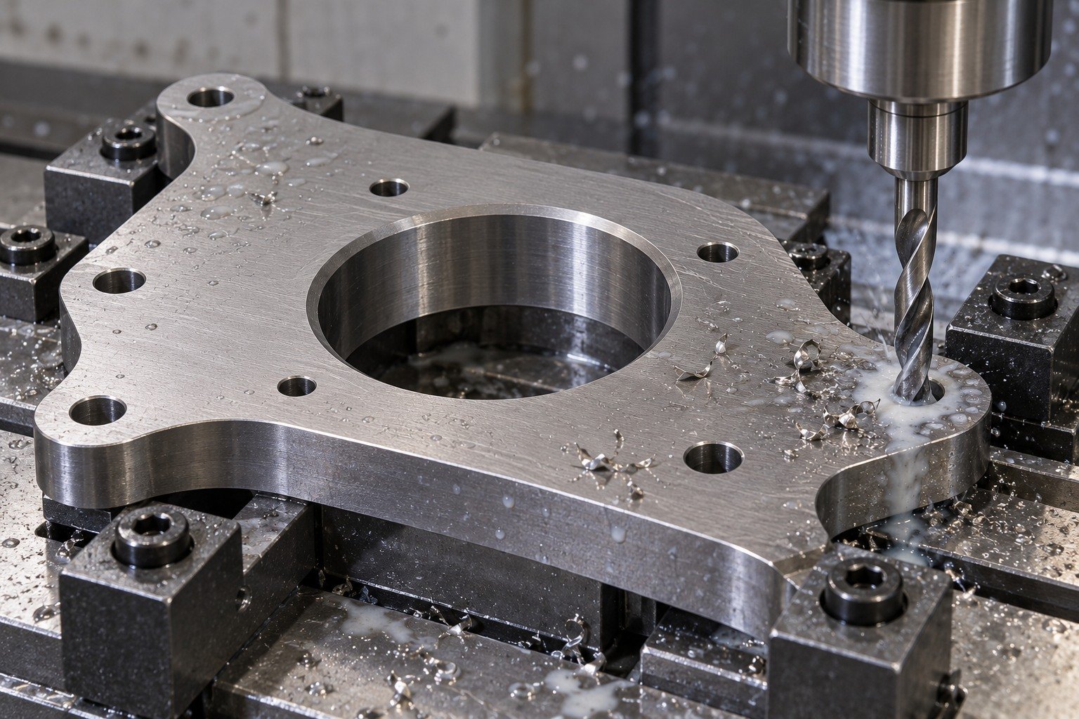 Titanium rectangular mounting flange fully supported on fixture,short drill enters accessible corner mounting hole with cutting fluid and natural chips. — illustrative generated component concept