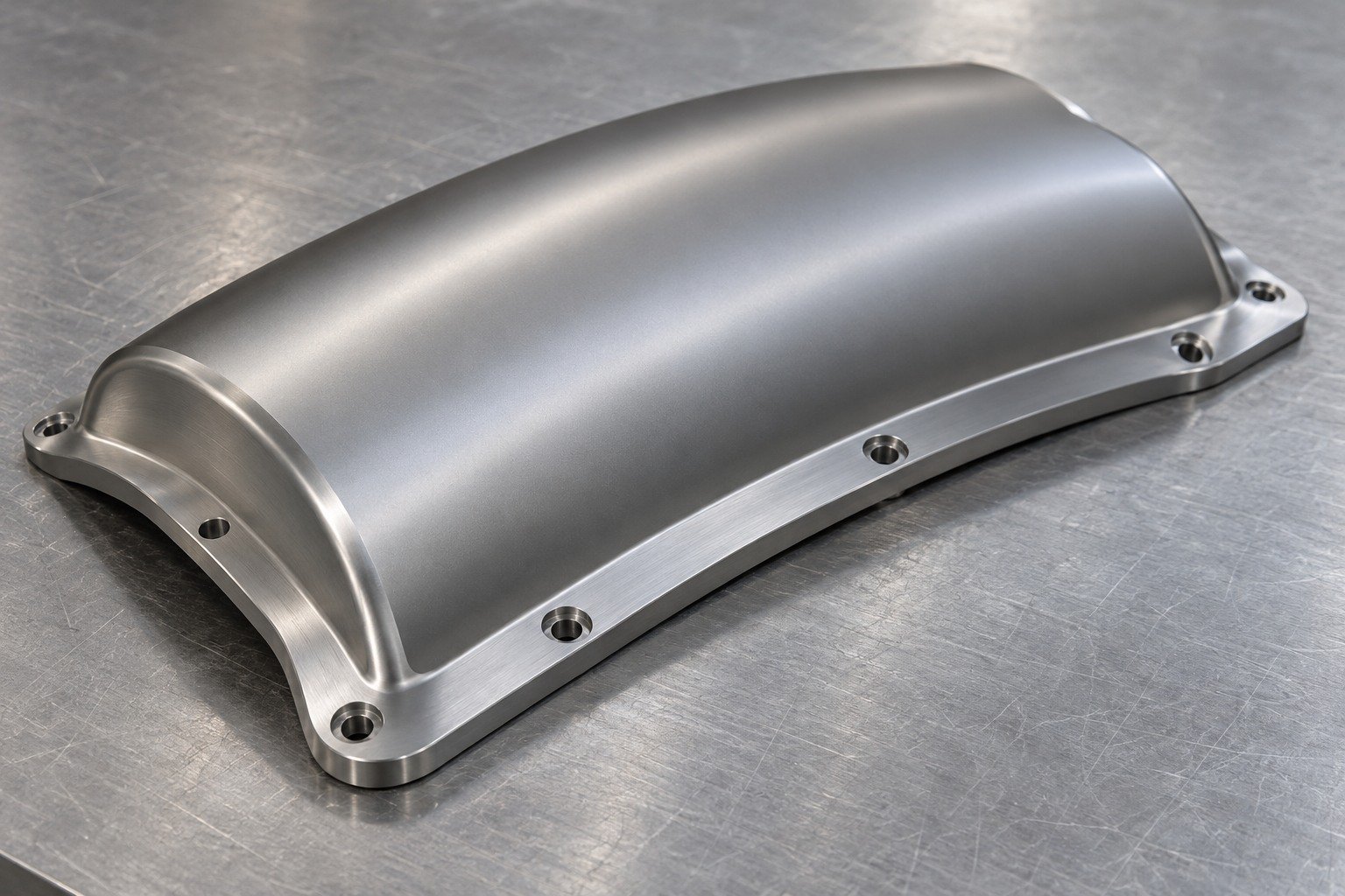Distinct broad curved titanium cover coupon with restrained polished grey upper surface and satin mounting flange,no distorted mirror. — illustrative generated component concept