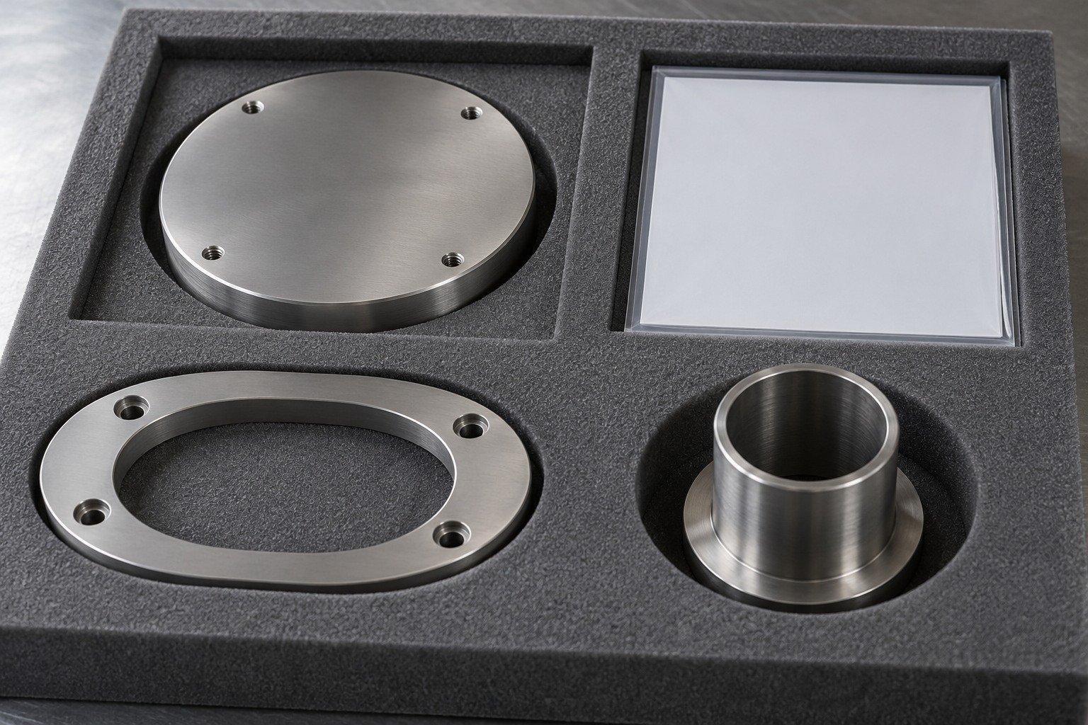 Grey foam tray separate fitted pockets contain a titanium round shallow cover,obround flange and short sleeve,blank document sleeve,no words. — illustrative generated component concept