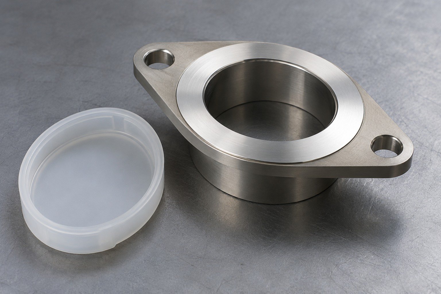 Titanium oval flange with wide bright sealing land,removable clean protective polymer cap placed beside it and two mounting ears. — illustrative generated component concept