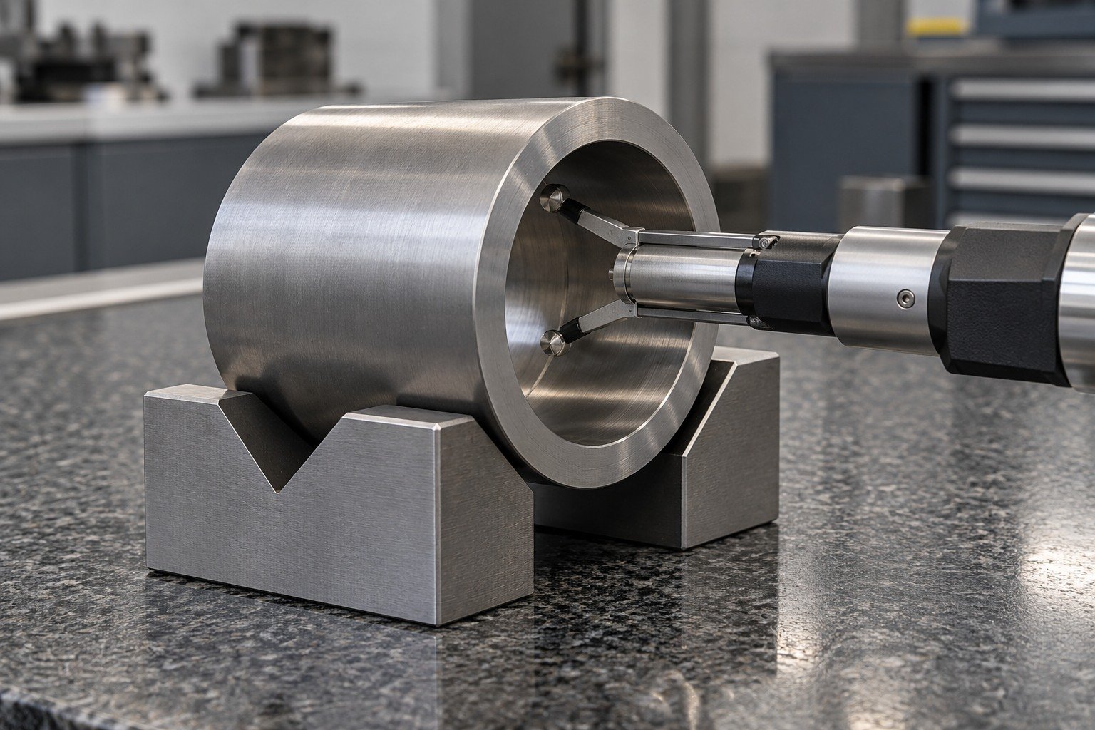 Short wide titanium sleeve supported in V-blocks on granite;compact bore gauge tips physically contact inner diameter,no readable dial. — illustrative generated component concept