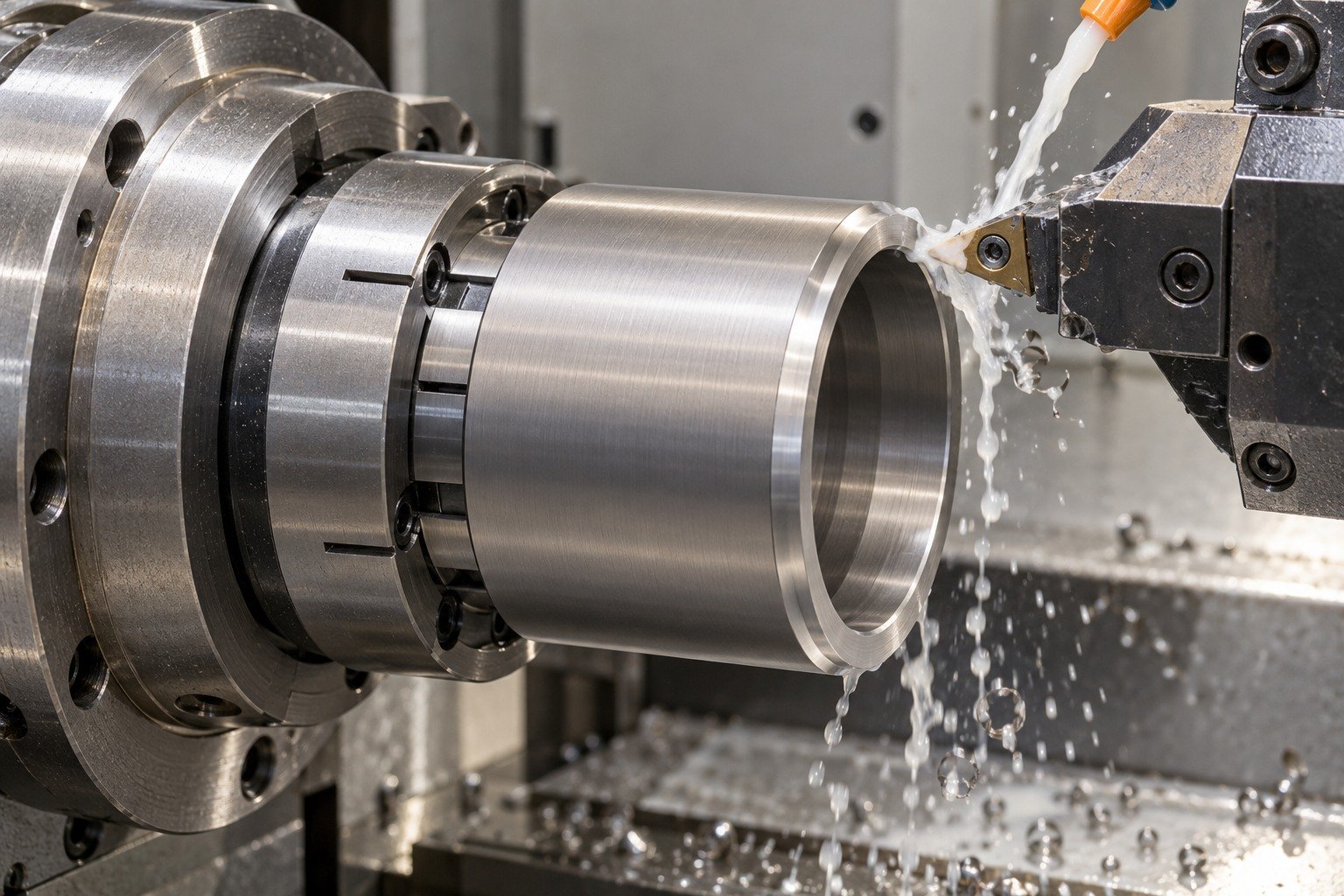 Short wide titanium sleeve fully supported by internal mandrel and collet;carbide tool cuts accessible outer lip with restrained milky cutting fluid. — illustrative generated component concept