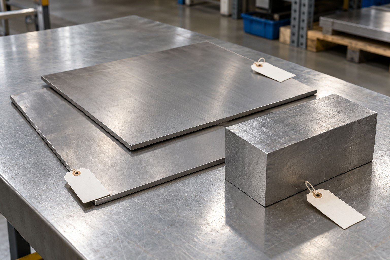 Two titanium sheet cutoffs and a short broad bar blank with blank lot tags on clean receiving bench,no false certificates or readable text. — illustrative generated component concept