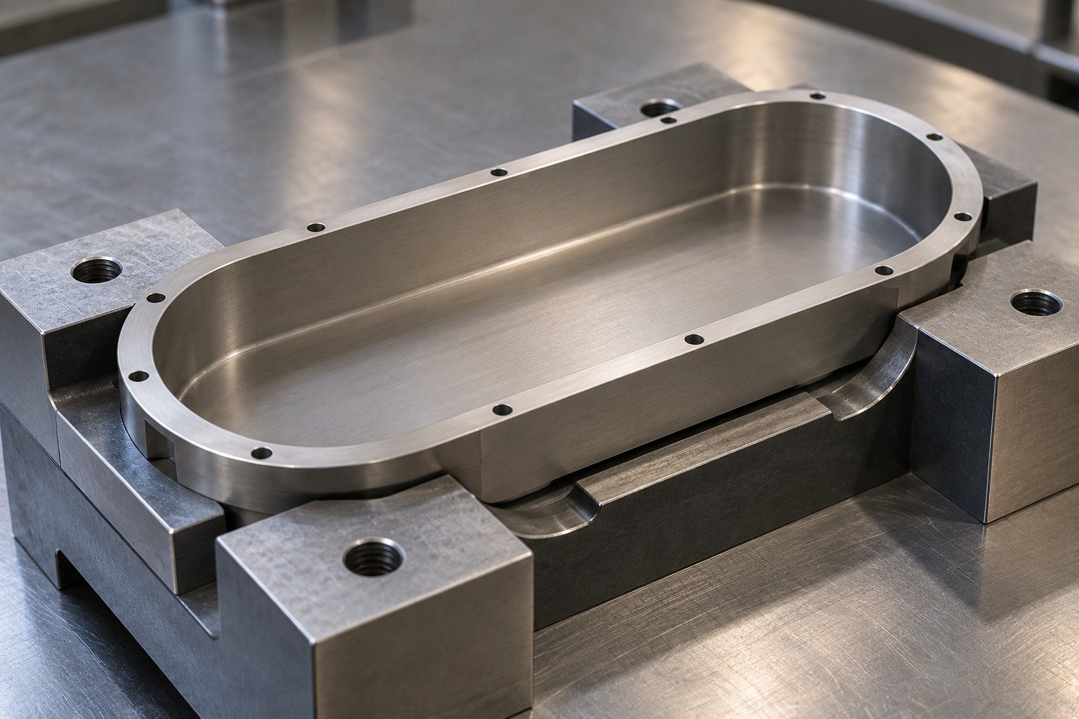 A shallow thin-wall titanium obround shell seated in a snug contoured support fixture,flange fully backed,no distortion,no impossible fixtures. — illustrative generated component concept