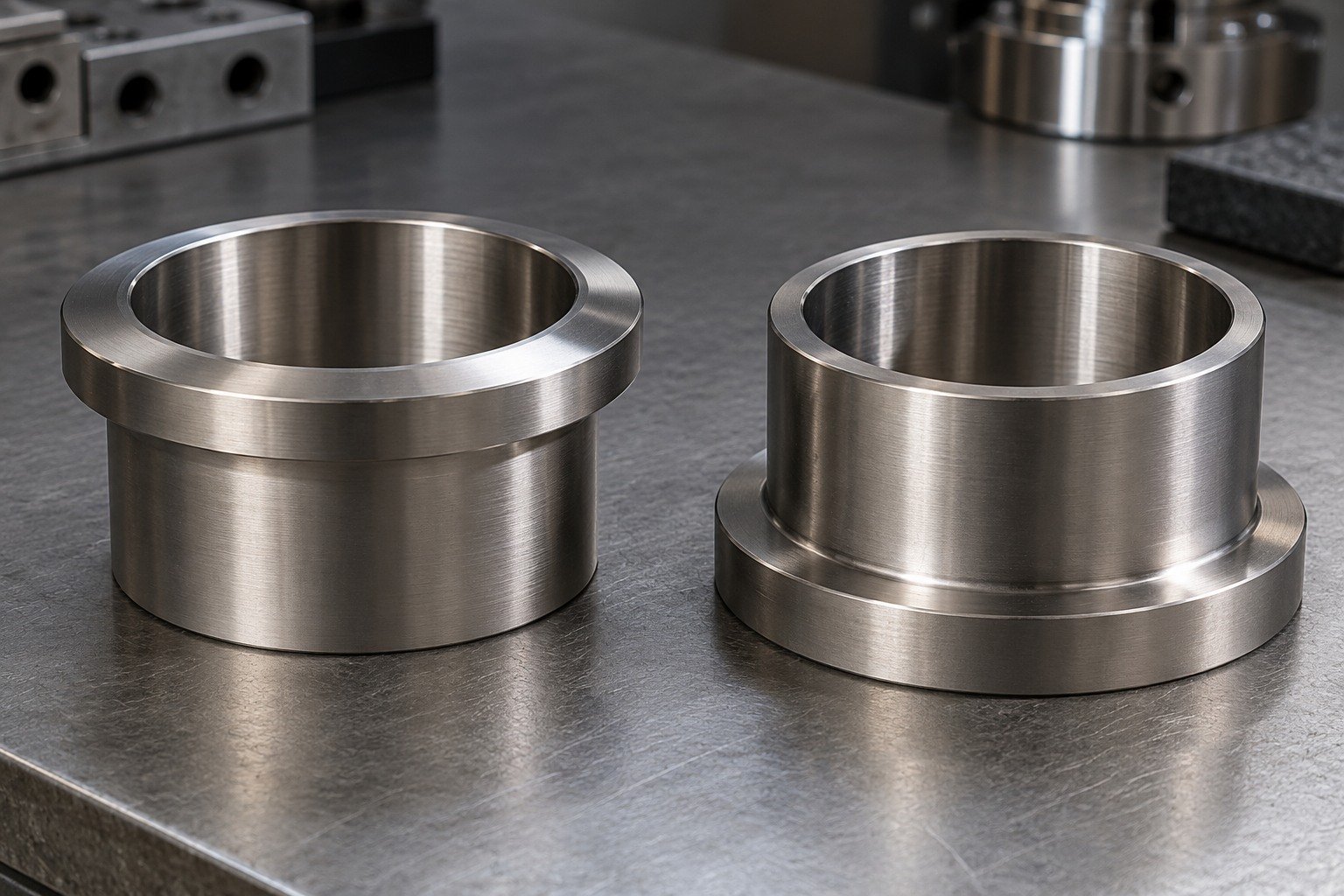Two short wide titanium sleeves with low aspect ratio,one smooth supported collar and one thick mounting lip,delicate but plausible continuous walls. — illustrative generated component concept