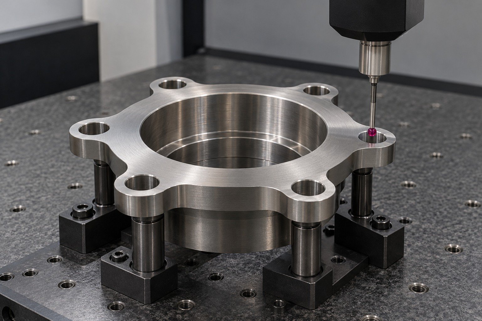 Titanium six-ear flange on stable CMM fixture,short ruby stylus clearly contacting wide horizontal sealing face,head safely above part. — illustrative generated component concept