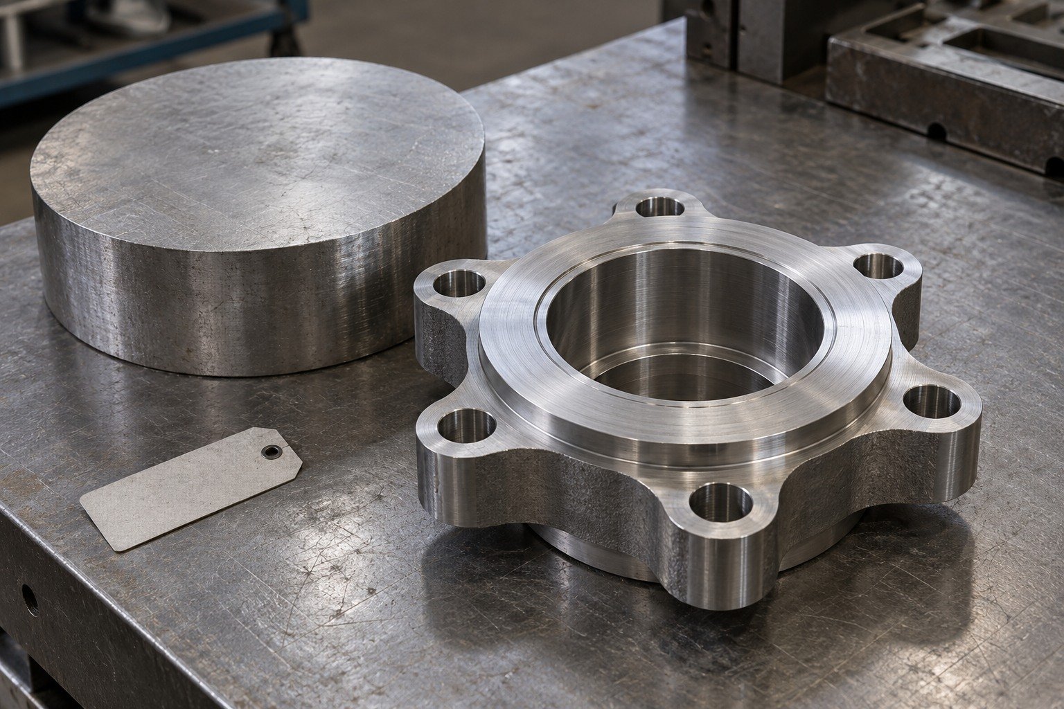 One broad titanium round cutoff beside partly machined six-ear flange blank with retained sealing-face stock,blank lot tag. — illustrative generated component concept