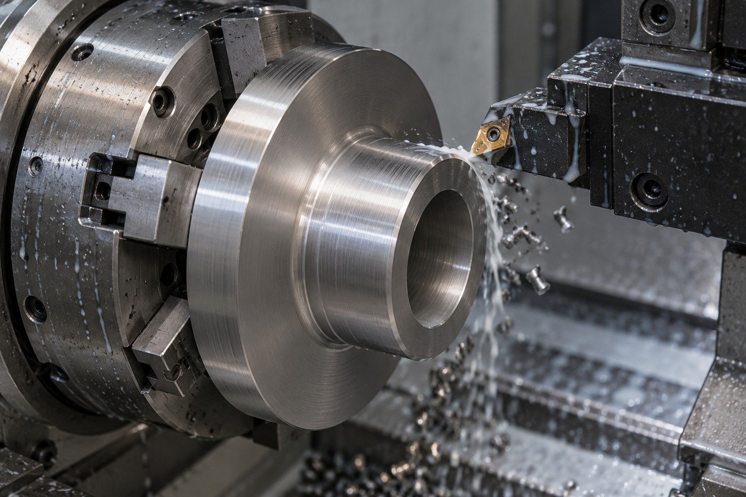 Titanium broad short-neck flange blank held securely in collet lathe,carbide insert touching outer shoulder,visible localized milky cutting fluid and wet short chips. — illustrative generated component concept