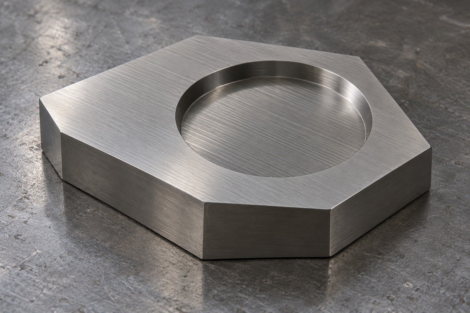 Titanium polygonal coupon with wide shallow off-center circular recess and subtle parallel machining lines,satin grey. — illustrative generated component concept