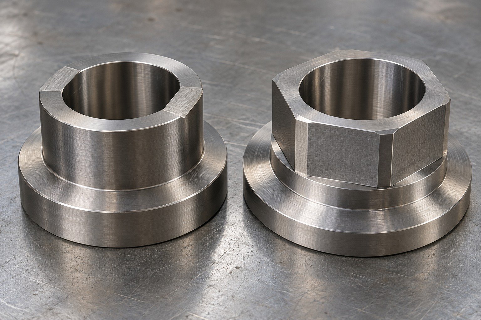 Two distinct broad titanium stepped spacers,one circular with two flats and one hexagonal with wide flange,both large accessible bores. — illustrative generated component concept