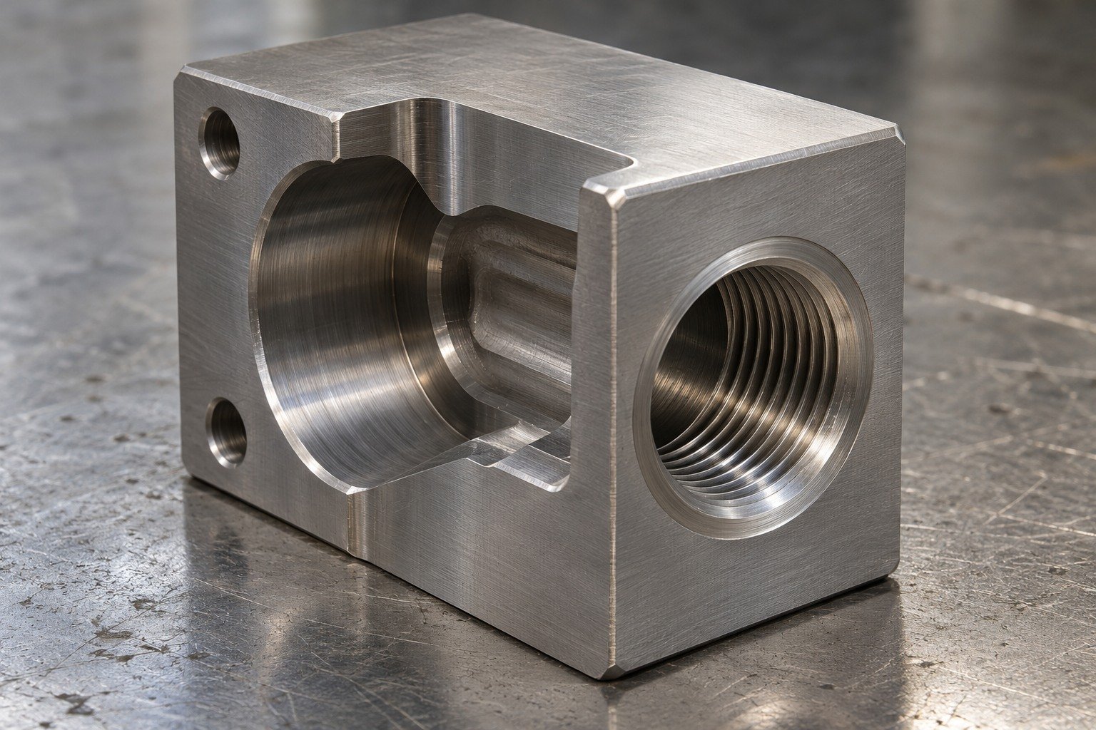 Macro of titanium block with one accessible large threaded port and open intersecting bore,restrained small edge breaks and realistic tool marks. — illustrative generated component concept